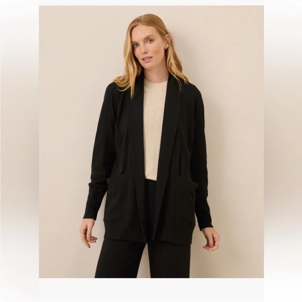 PACT Organic Cotton Airplane Wrap Cardigan Black Open Front Pockets Capsule